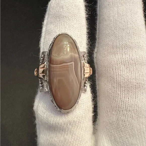 VTG Agate Pinky Ring Sterling Silver & 10K GF Long Oval Cabochon